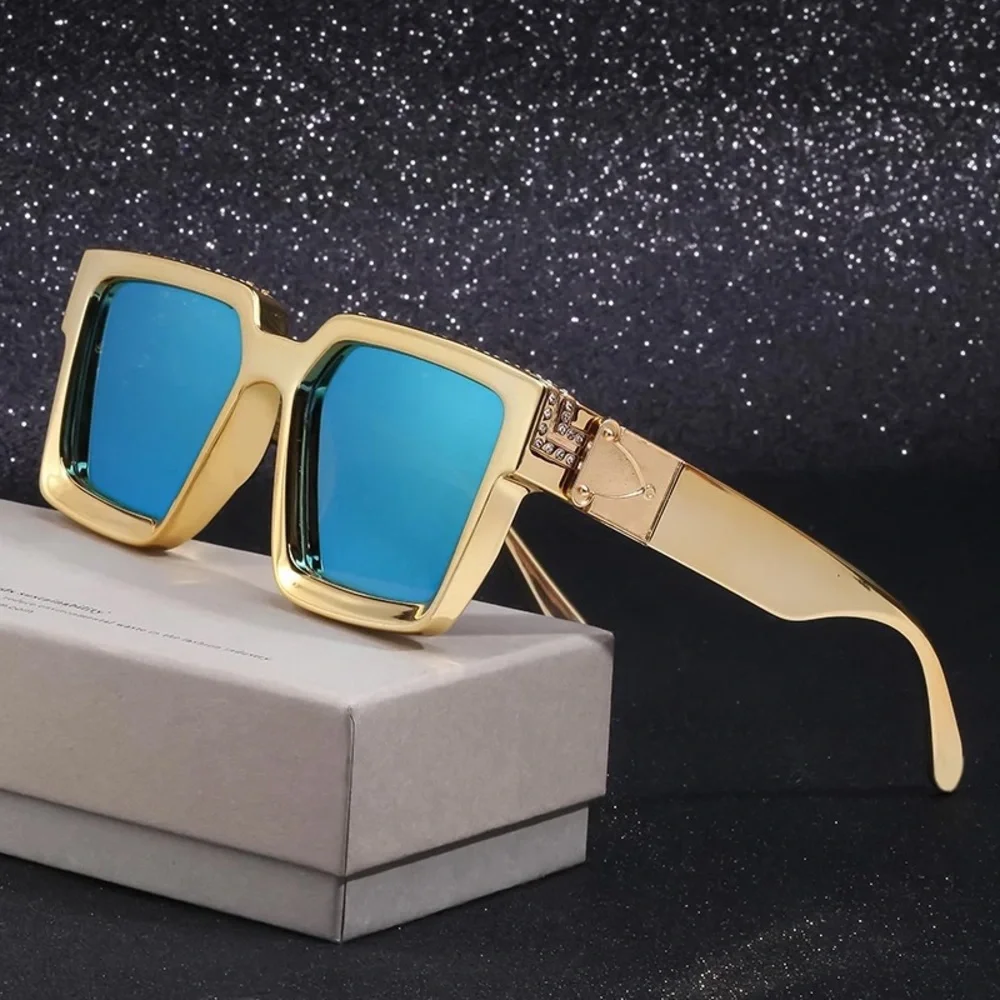 Metallic Enamel Gold Luxury Brand Designer Square Sunglasses Men